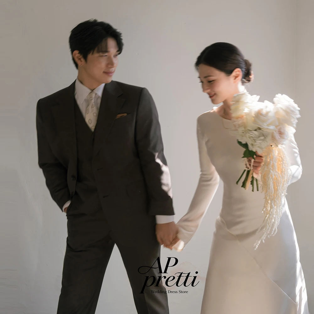 AP pretti Modest Soft Satin Korea Wedding Dress Photo Shoot O-Neck Customized Full Sleeve Sheath Ankle-Length Bridal Gown 웨딩드레스