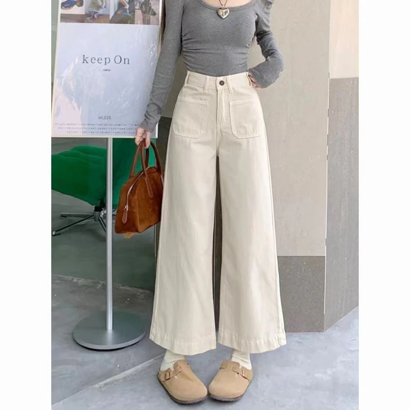 

Niche High Waist Wide-leg Jeans Women Thin Style Slim and Loose Versatile White Nine-point Straight-leg Pants