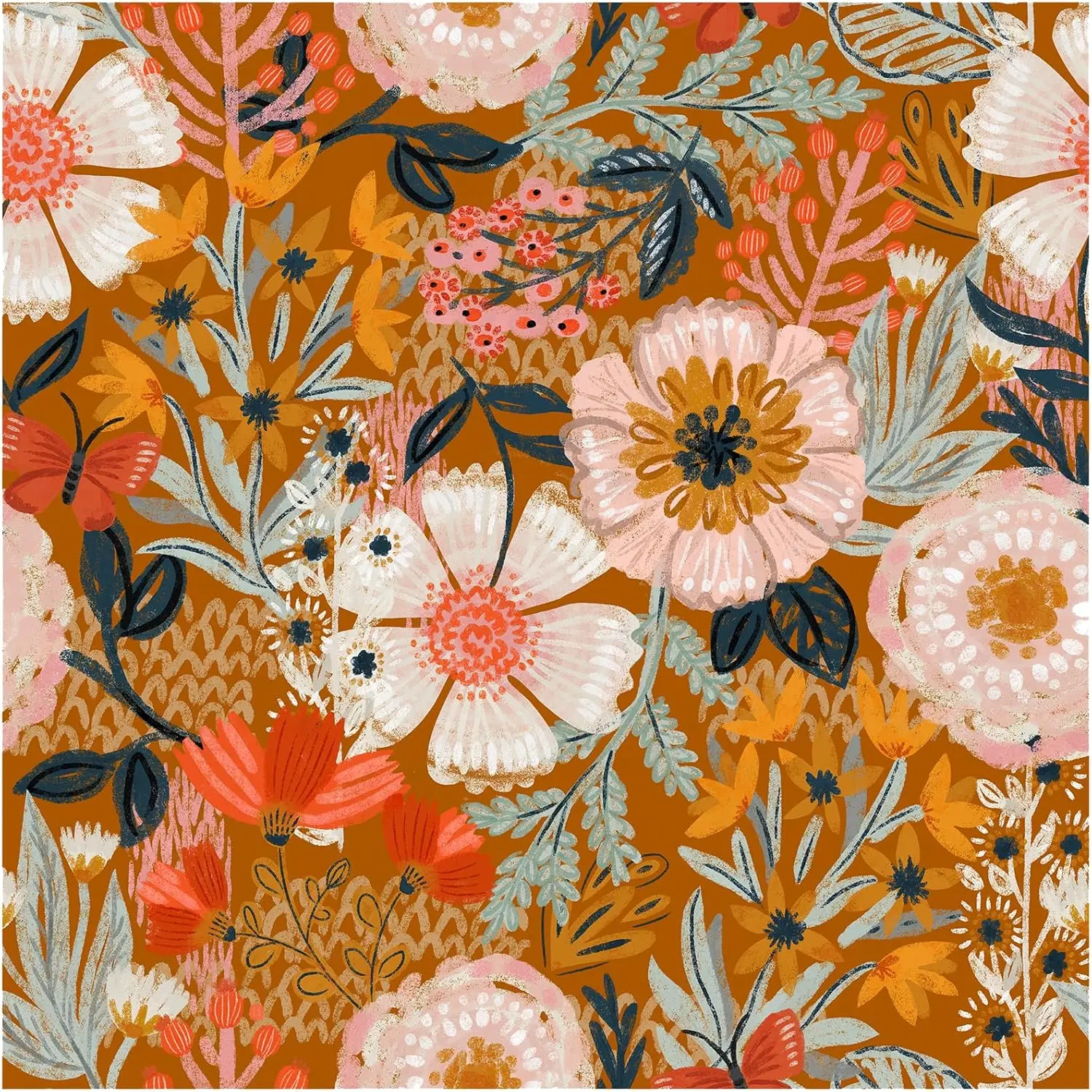 1pc Boho Peel and Stick Wallpaper Floral Self-adhesive Wallpapers Removable for Bedroom Orange/Pink Contact Paper
