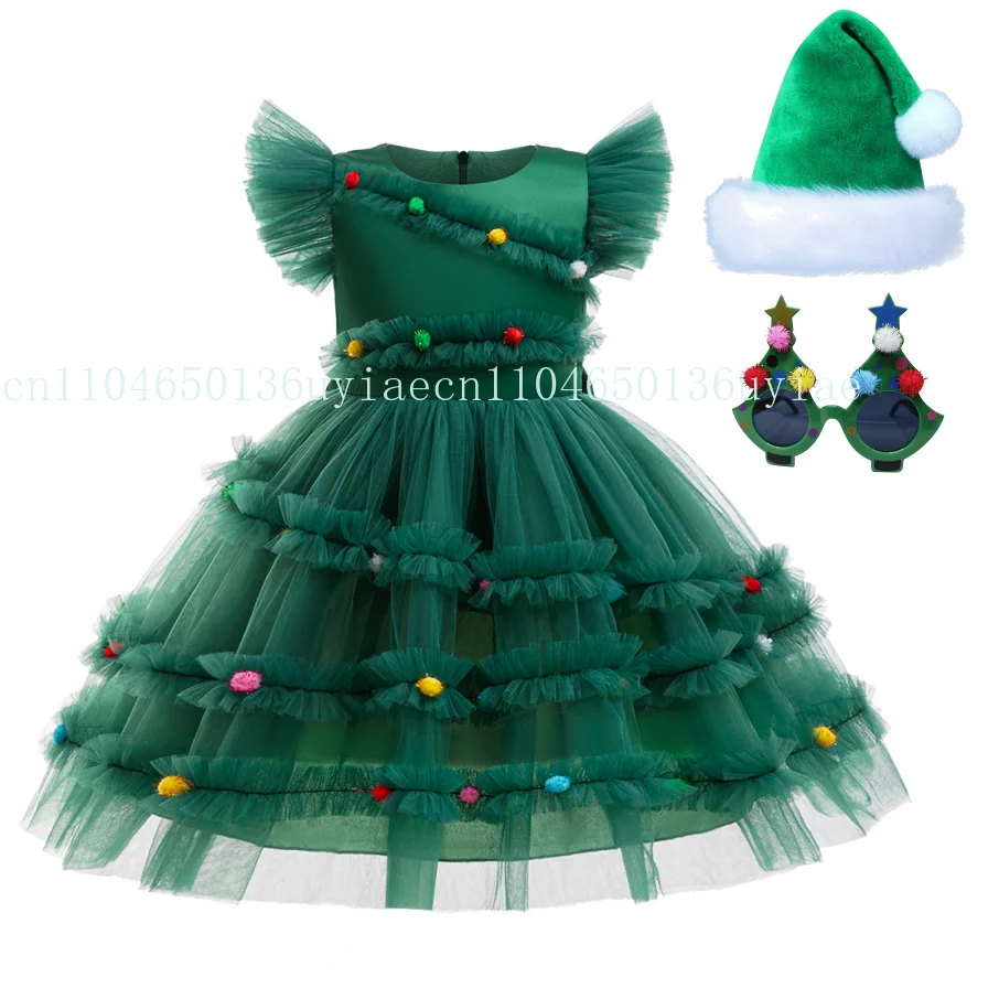 

Elegant Christmas Party Dress For Girls Green Flying Sleeve Bow Princess Dress For Kids Xmas Gifts Elf Formal Evening Santa Gown