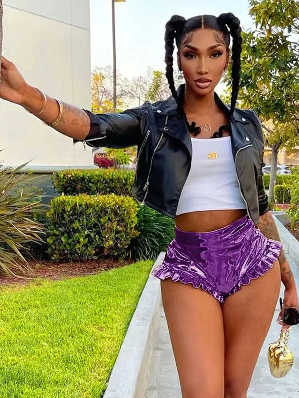 

Street Sle Pure Color сексуальные деревянные ain V-Ne из искусственной кожи, повседневные брюки для женщин, лето 20224, талия