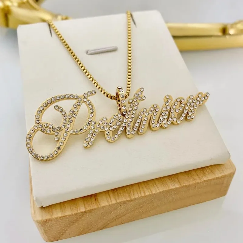 Customizable Stainless Steel Gold Script Bling Zirconia Plaque Box Chain Necklace Jewelry Gift for Friends And Lovers