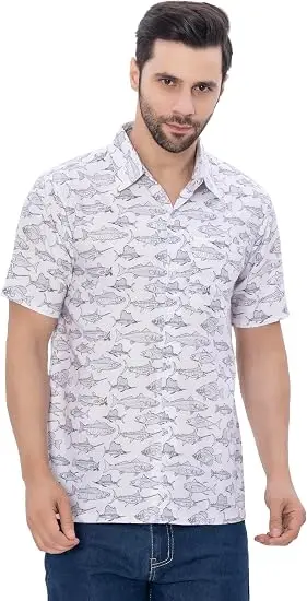 Men's Hawaiian Short Sleeve Shirt Light Blue Line Fish Allover Print Fresh Casual Summer Daily Top