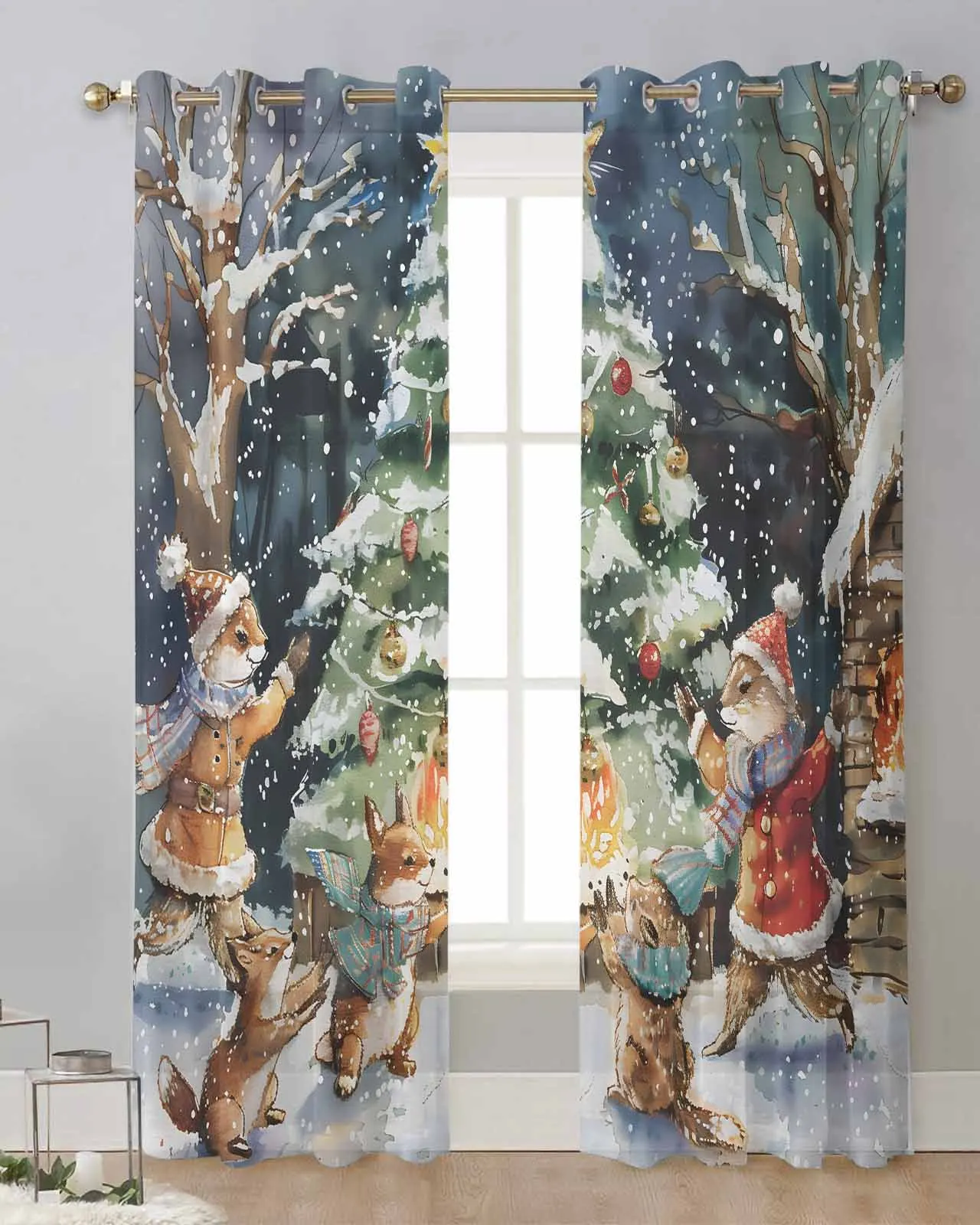 Christmas Tree Colorful Forest Moon Bonfire Animals Sheer Curtains For Living Room Modern Valance Kitchen Tulle Curtains