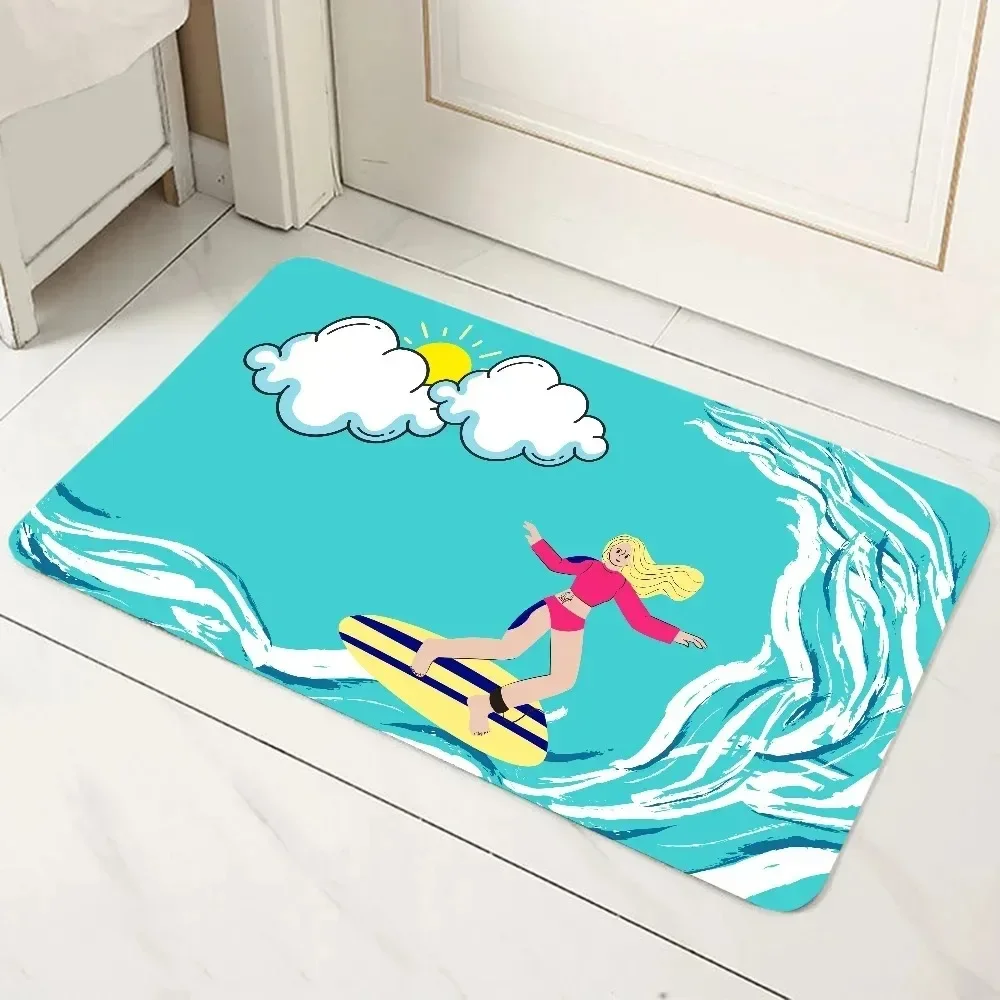 Summer Beach Door Mat with Surfing Girl and Tropical Scenery Colorful Cartoon Design Rug Protector for Home Bathroom and Bedroom