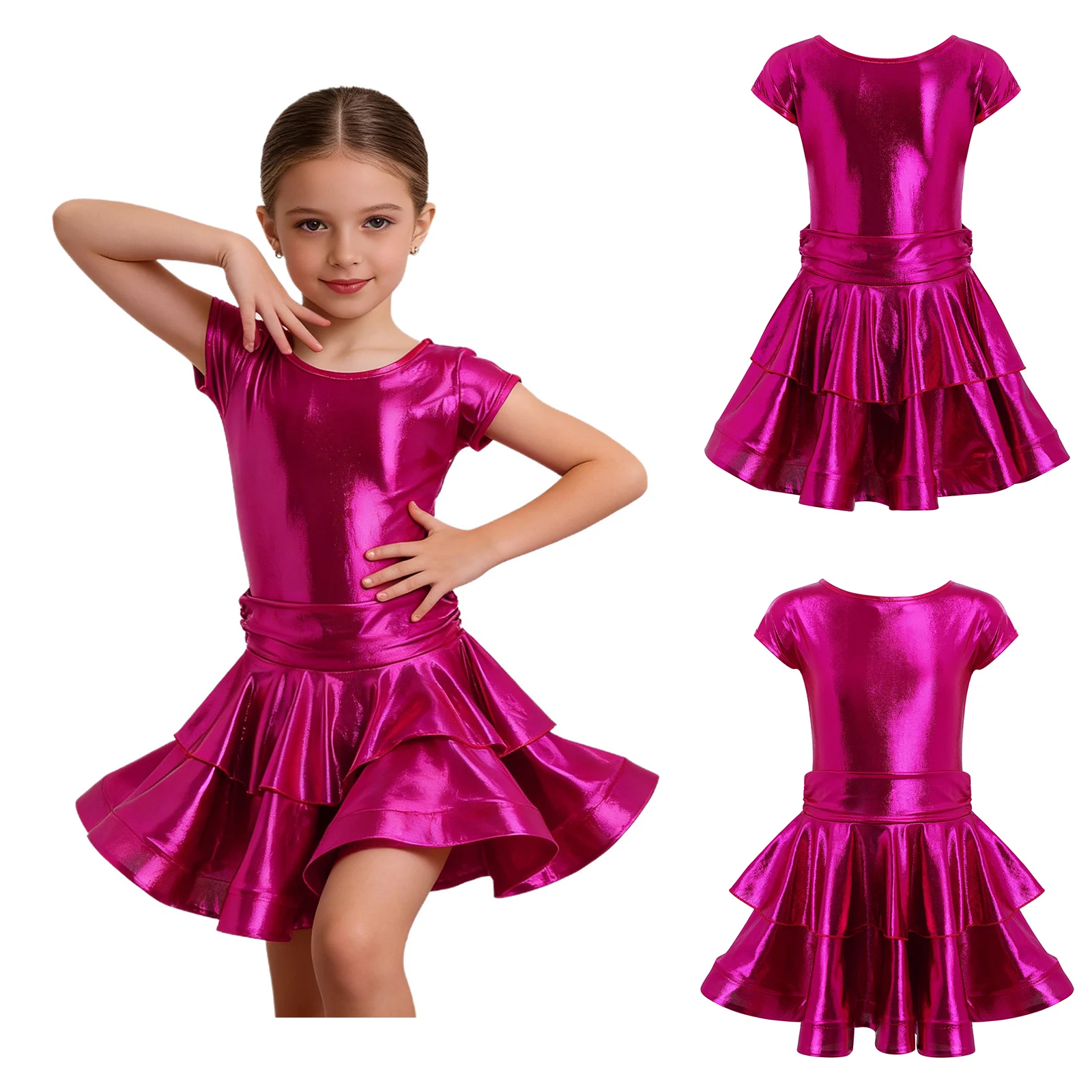 

Kids Girls Ballet Latin Dance Competition Dance Costume Round Neck Cap Sleeves Tiered Ruffled Metallic Dress Modern Dancewear