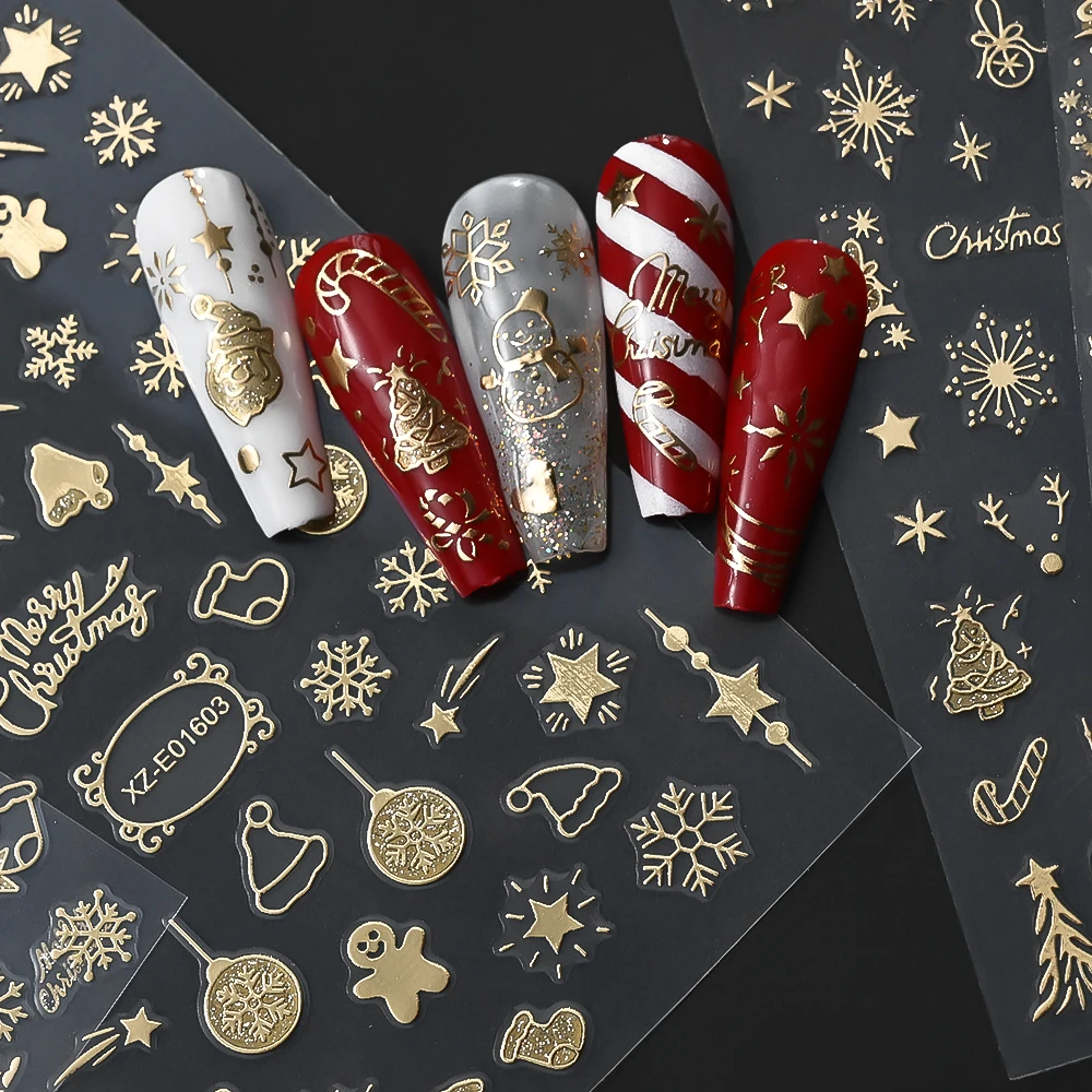 12 pezzi 3D glitter oro fiocchi di neve di Natale adesivi per unghie carino Babbo Natale/fiocco di neve/alce natale cursore dorato 8x10 cm decalcomania per unghie di Natale