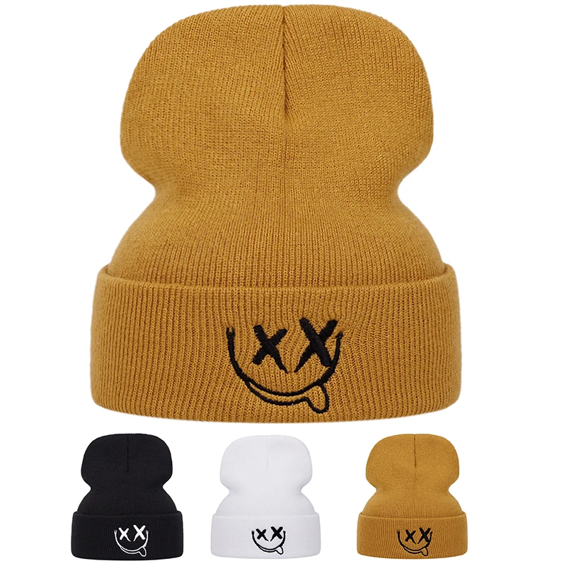 

Модные вязаные шапки с вышитым улыбающимся лицом для мужчин и женщин, осенне-зимние теплые шерстяные шапки для активного отдыха и спортивных мероприятий