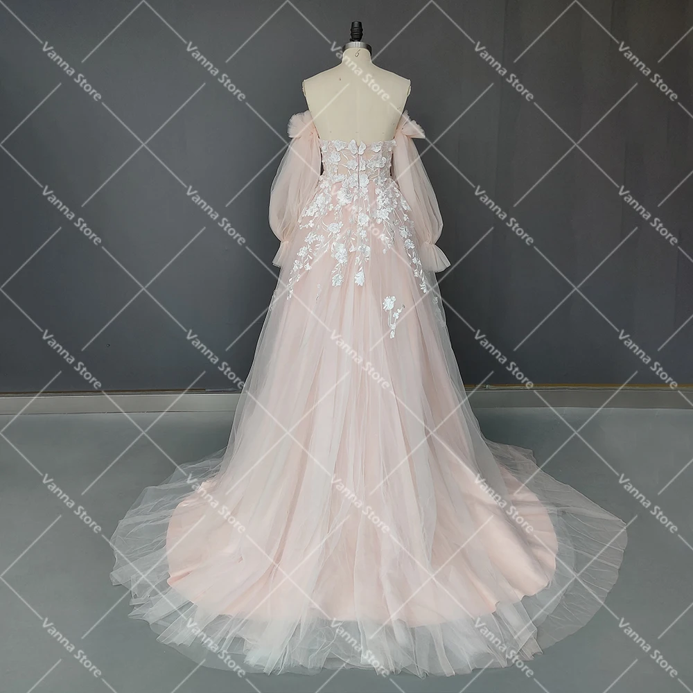 Removable Long Sleeves Sweetheart Pink Princess Fairy Bridal Gowns Custom Made Embroidered Lace Tulle Flowers Wedding Dresses