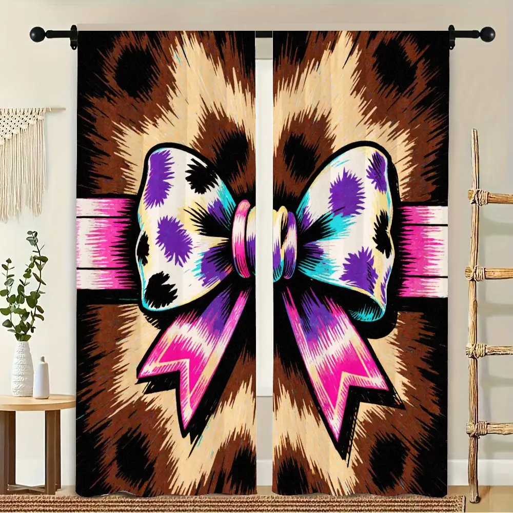 

2Pcs Curtain Leopard Background Bow Window Drapes for Bedroom Living Room Decoration Window Treatment.