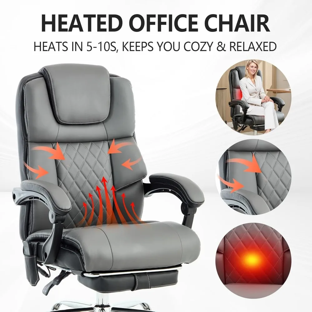 كرسي مكتب التدليك 6 نقاط 500 رطل مع مسند للقدمين، كرسي مكتب جلدي مستلق مع حرارة الاهتزاز، كرسي تنفيذي كبير وطويل #6