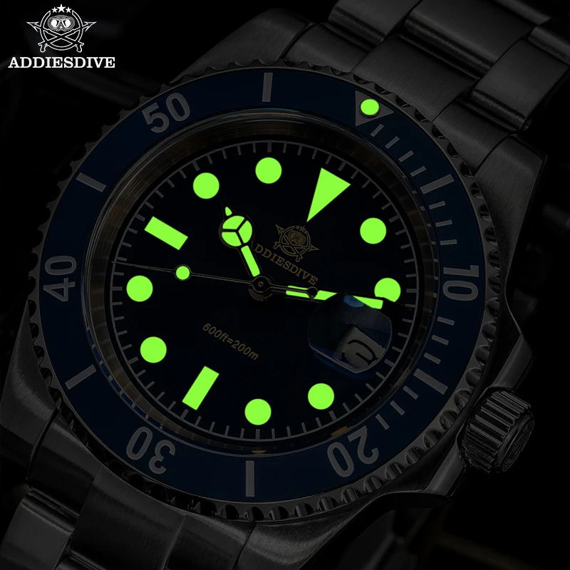 Addiesdive 41mm ad2054 relógios masculinos moldura cerâmica calendário janela 20bar mergulho verde luminoso vestido de negócios relógios quartzo