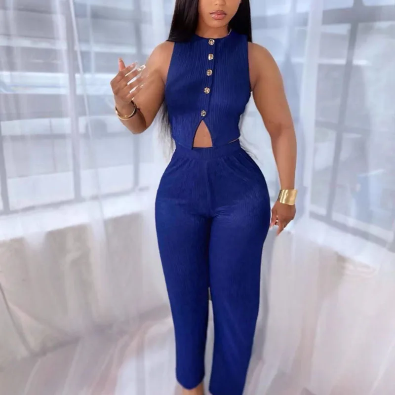 

Элегантный комплект из двух предметов в рубчик для женщин, однобортный жилет без рукавов для ночной вечеринки, топ и широкие брюки, деловой костюм