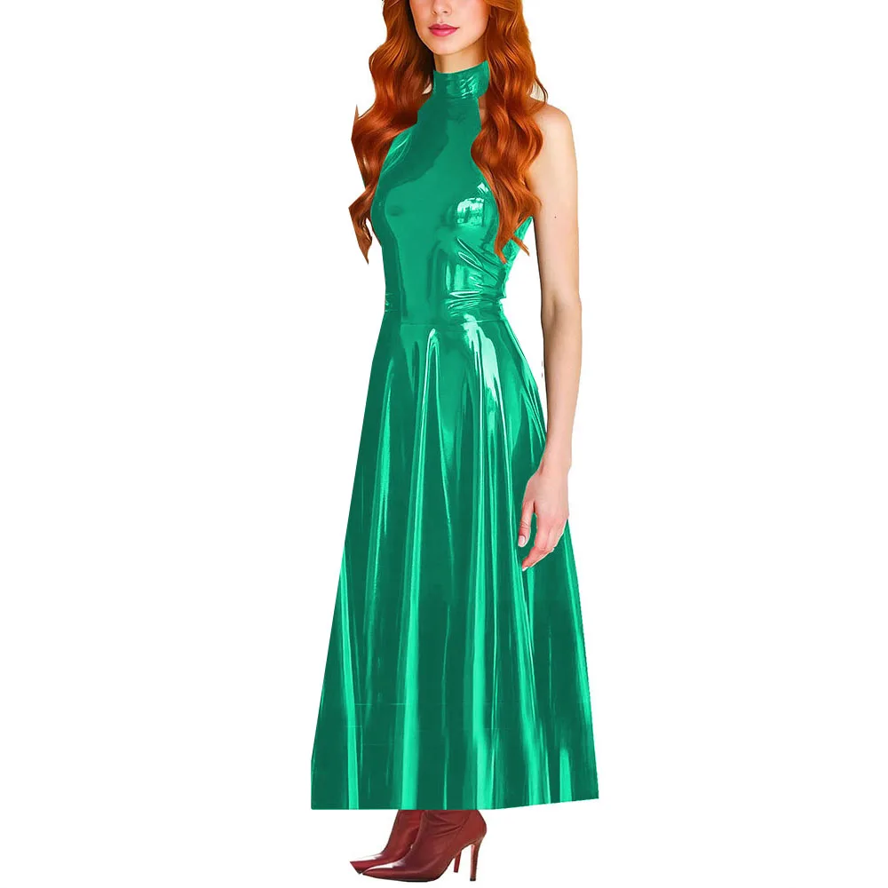 

Plus Size Vinyl PVC Leather Pleated Long Dress for Womens Wetlook Party Eveing Formal Swing Dresss Womens Halter Maxi Vestidos
