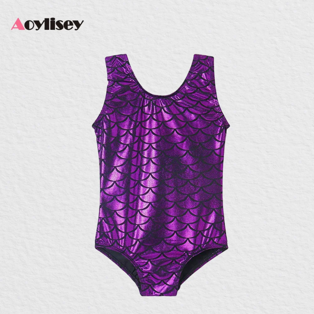 여아 물고기 비늘 프린트 발레 댄스 레오타드 어린이 스판덱스 반짝이는 메탈릭 체조복 댄스웨어 공연 의상