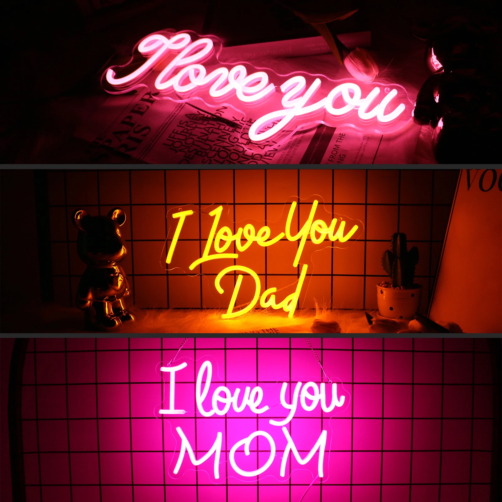 UponRay I LOVE YOU Gift LED Neon Sign Home Decor Wall Wedding  Happy Mother/Father Day Bedroom 3 Color Display