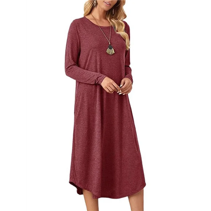 

ABUM-Women's Long Dress Long Sleeve Round Neck Pajamas With Pockets
