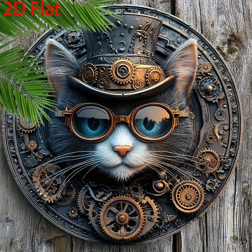 2D Vintage Metal Sign Steampunk Cat Gears Top Hat Goggles Retro Tin Wall Art Plaque for Home Bar Cafe Industrial Decor Gift