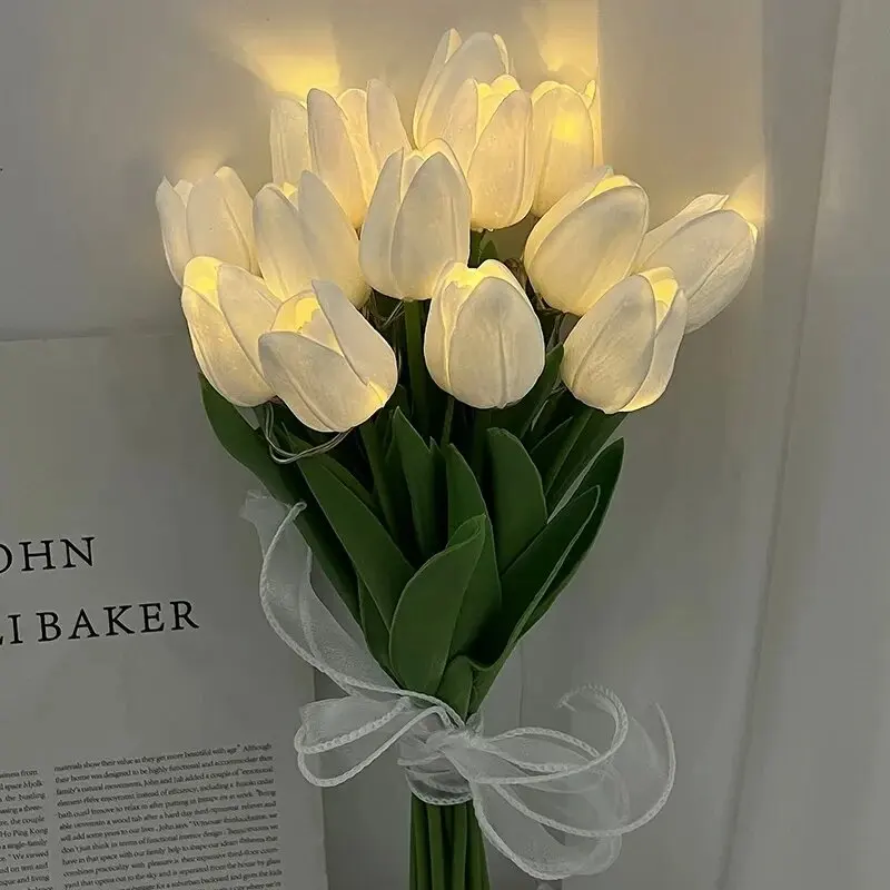 10pcs LED Tulips Artificial Flowers PU Tulip Fake Flower Bouquet Night Light for Home Garden Decoration Wedding Birthday Gift