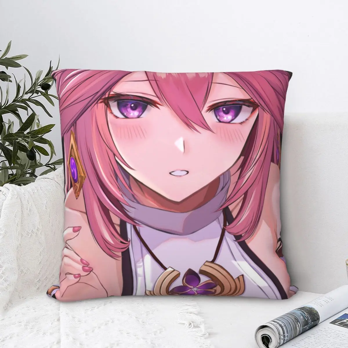 

Sexy Miko Yae Throw Pillow Case Genshin Impact Game Backpack Coussin Covers DIY Printed Soft For Sofa Decor