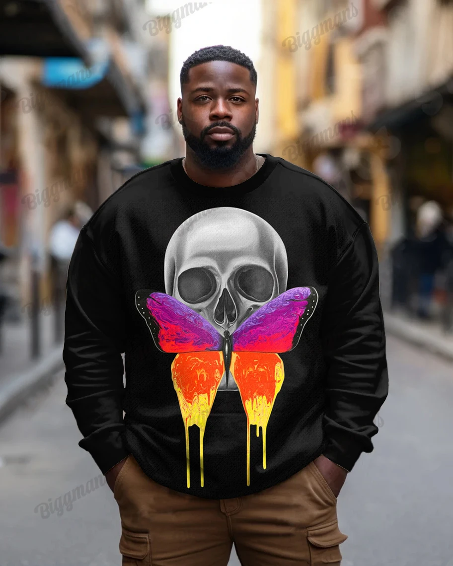 L-9XL Plus Size Black Graffiti Skull Street Print Round Neck Long Sleeve Men's Sweatshirt ZOOY