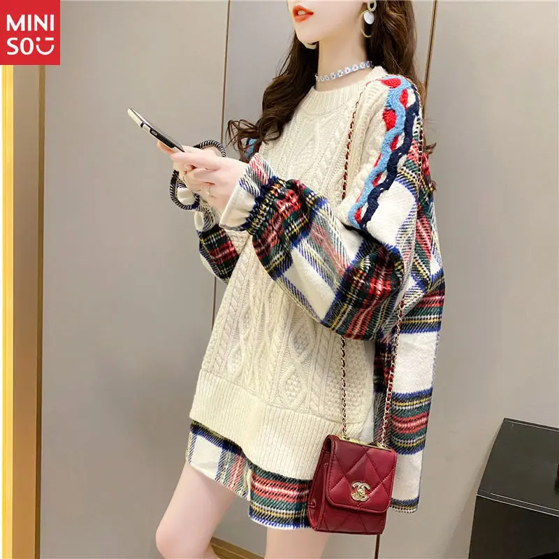 Miniso 2025 Oversized Sweater Dress, Shirt Patchwork Knit, Plus Size Long Lazy Top