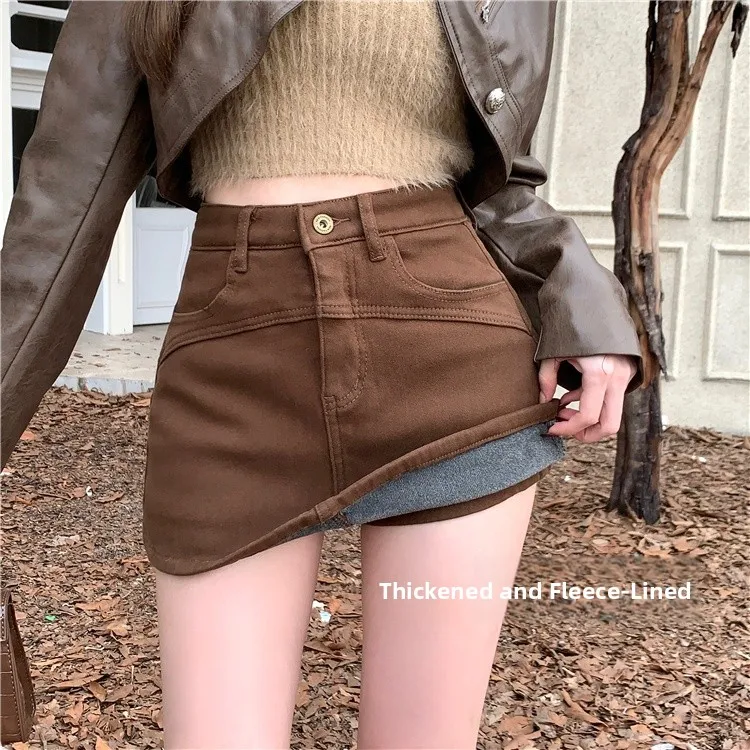 Thiened Fce High Waist A-Line Denim  Skirt Women's Autumn Winter New Sle Anti-Light Pants Skirt ort Skirt