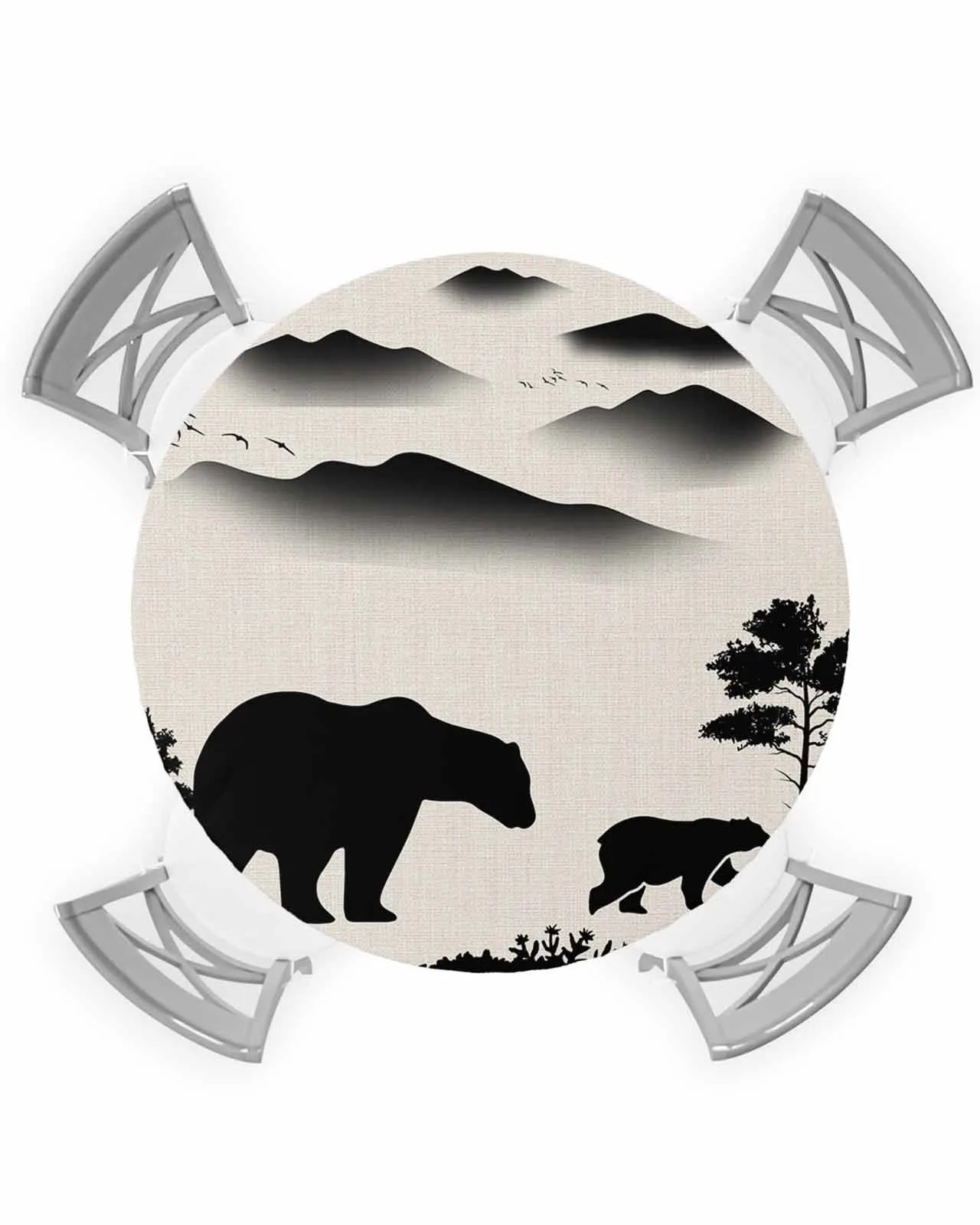 Bear Forest Silhouette Round Elastic Edged Table Cover Protector Cloth Waterproof Rectangle Fitted Tablecloth