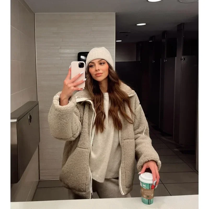 Lamb Cake Wool Jackets Women Autumn Winter Fleece Sweatshirt Windbreaker Oversized Warm Coat Zipper Outdoor Streetwear Outerwear
