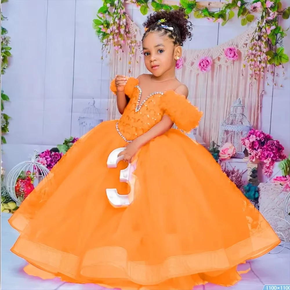 Robe de princesse gonflée pour filles, appliques en dentelle perlée, paillettes de mariage, fête d'anniversaire pour enfants, première communion, tout ce que vous voulez