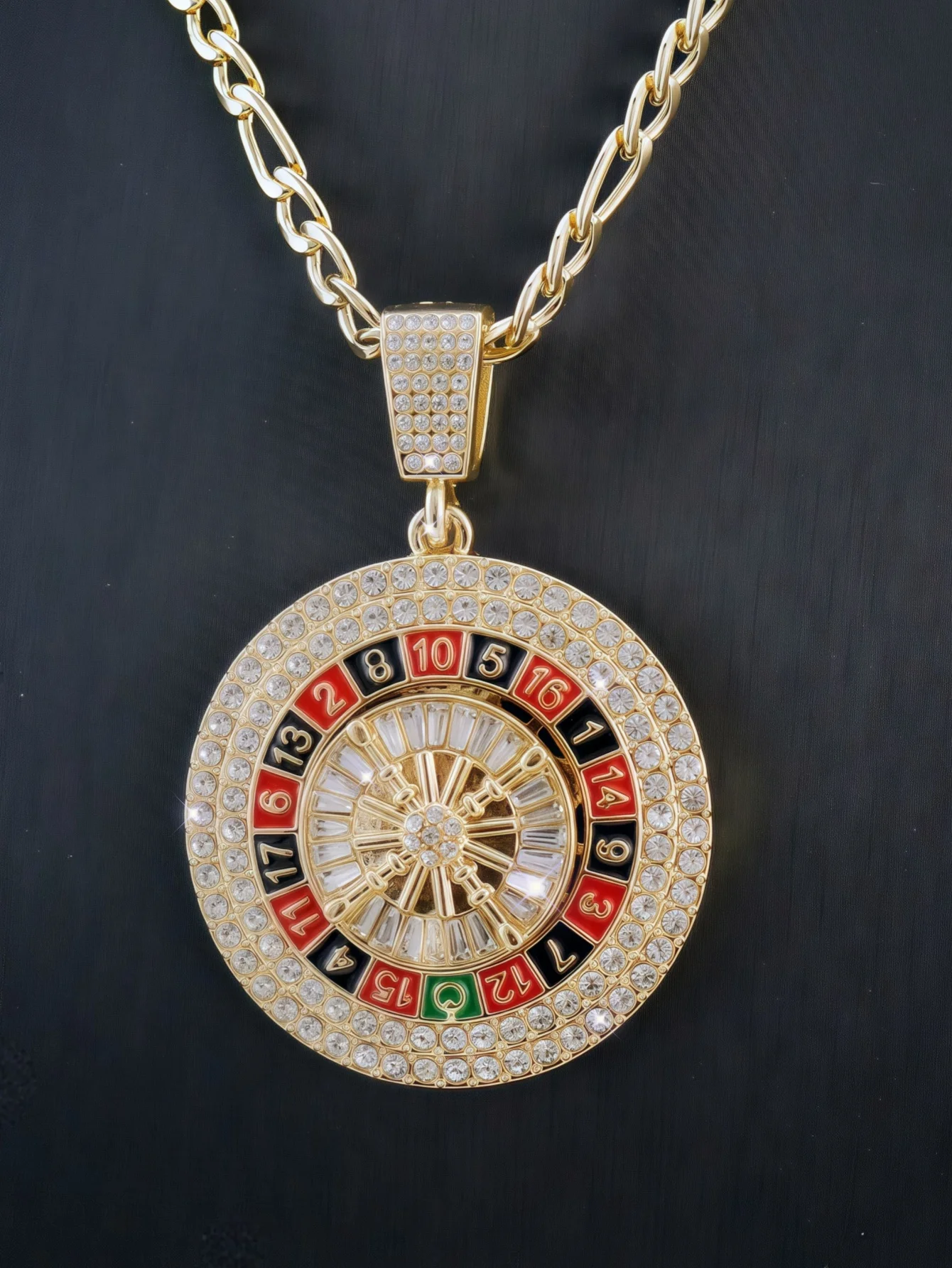 Colgante de ruleta giratoria chapado en oro, collar de ruleta de mano de oración con cadena Figaro de 60cm de longitud, joyería unisex para hombres y mujeres