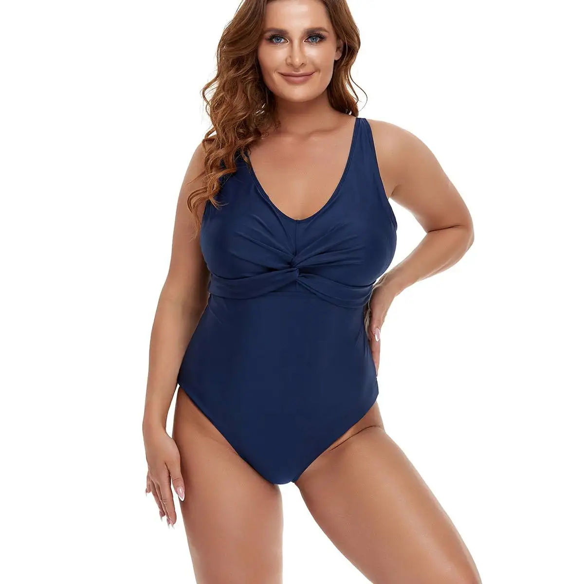 

Conservative plus Size Swimsuit Pure Color Design Women's Bathing Suit High Waist Five Inch Pants Lycra Fa...