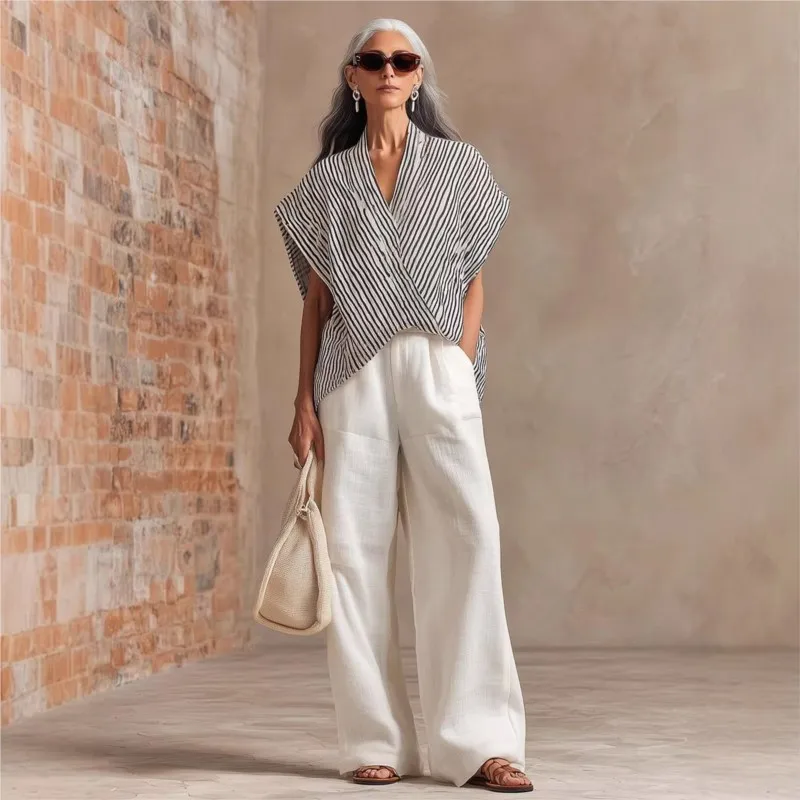 

Loose Striped 2-Piece Set Summer Large Size Batwing sleeves Top Shirt + Women Casual Wide-leg Pants Minimalist Pants Suit