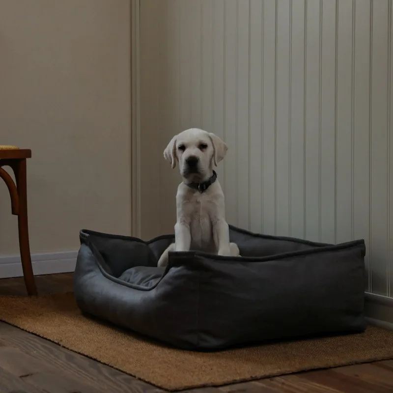 Faux Leather Dog Bed Washable Removable Cover Water Repellent Pet Sofa Raised Rim Non Slip Bottom Plush Warm Chew Resistant Cozy