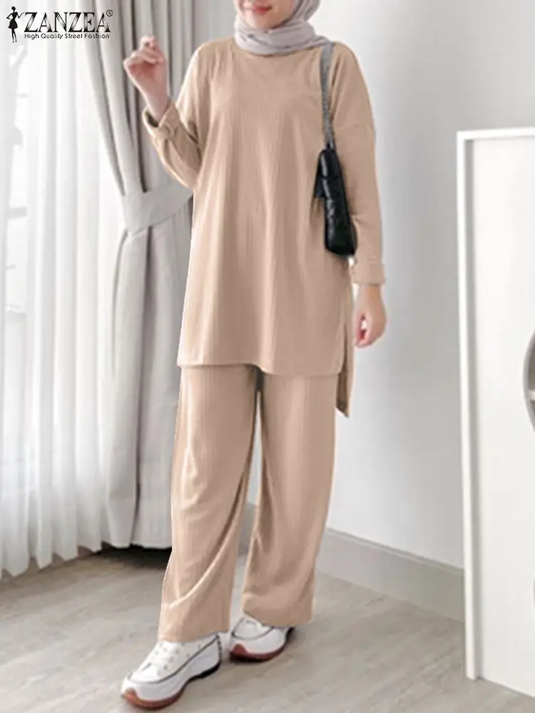 ZANZEA Muslim Suits Islamic Clothing Casual Long Sleeve Blouse Pants Sets Summer Tracksuits 2PCS Women Elegant Matching Sets