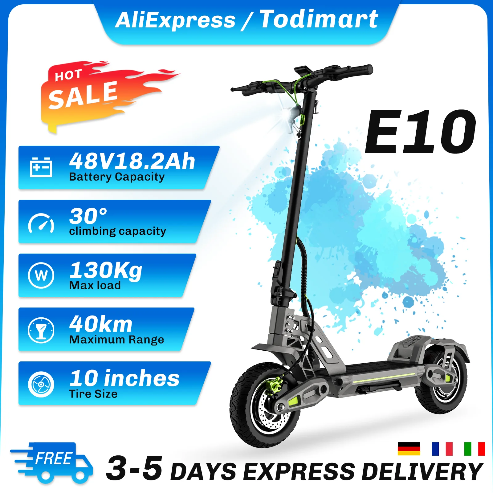 TODIMART E10 Elektroroller für Erwachsene  48V 18,2Ah Großer Akku 10-Zoll Offroad-Reifen Doppelte Scheibenbremsen Allterrain E-Scooter für Outdoor & Pendeln