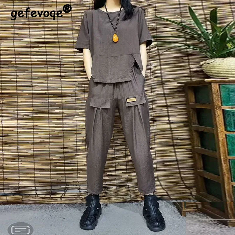 女性用半袖ラウンドネックTシャツ,ロングパンツ,無地,ポケット付き,スポーティなスタイル,夏服,新しい2023コレクション