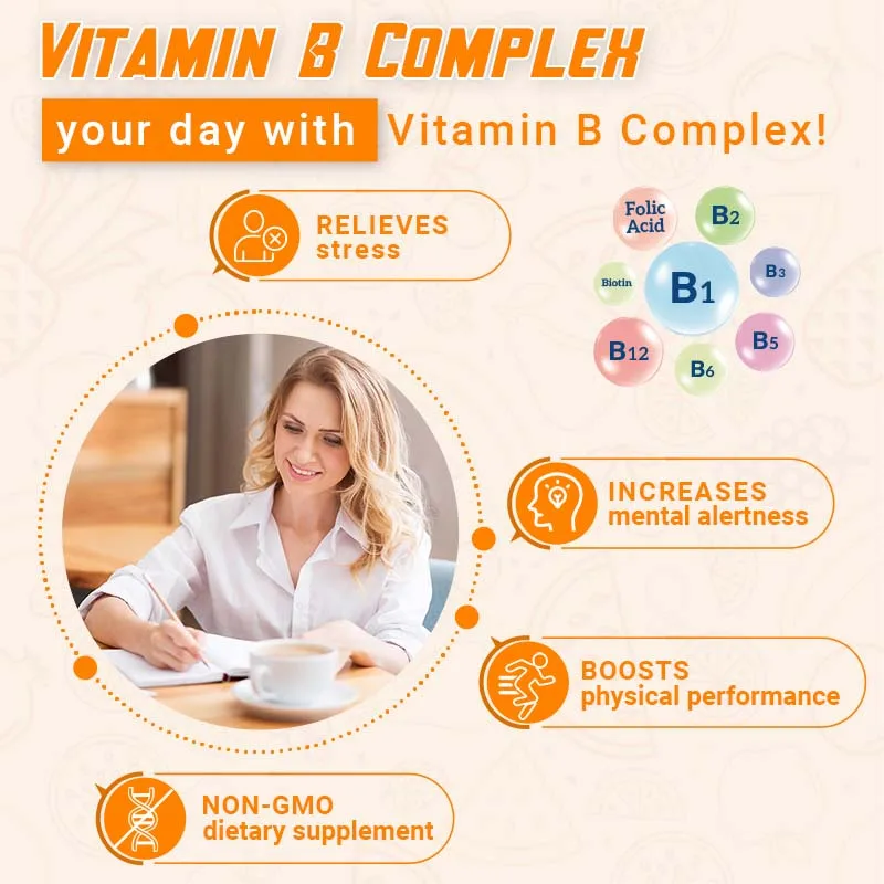 Complejo de vitamina B: apoya el sistema inmunológico, promueve la salud del cerebro y del sistema nervioso y ayuda a mantener el estado de ánimo saludable