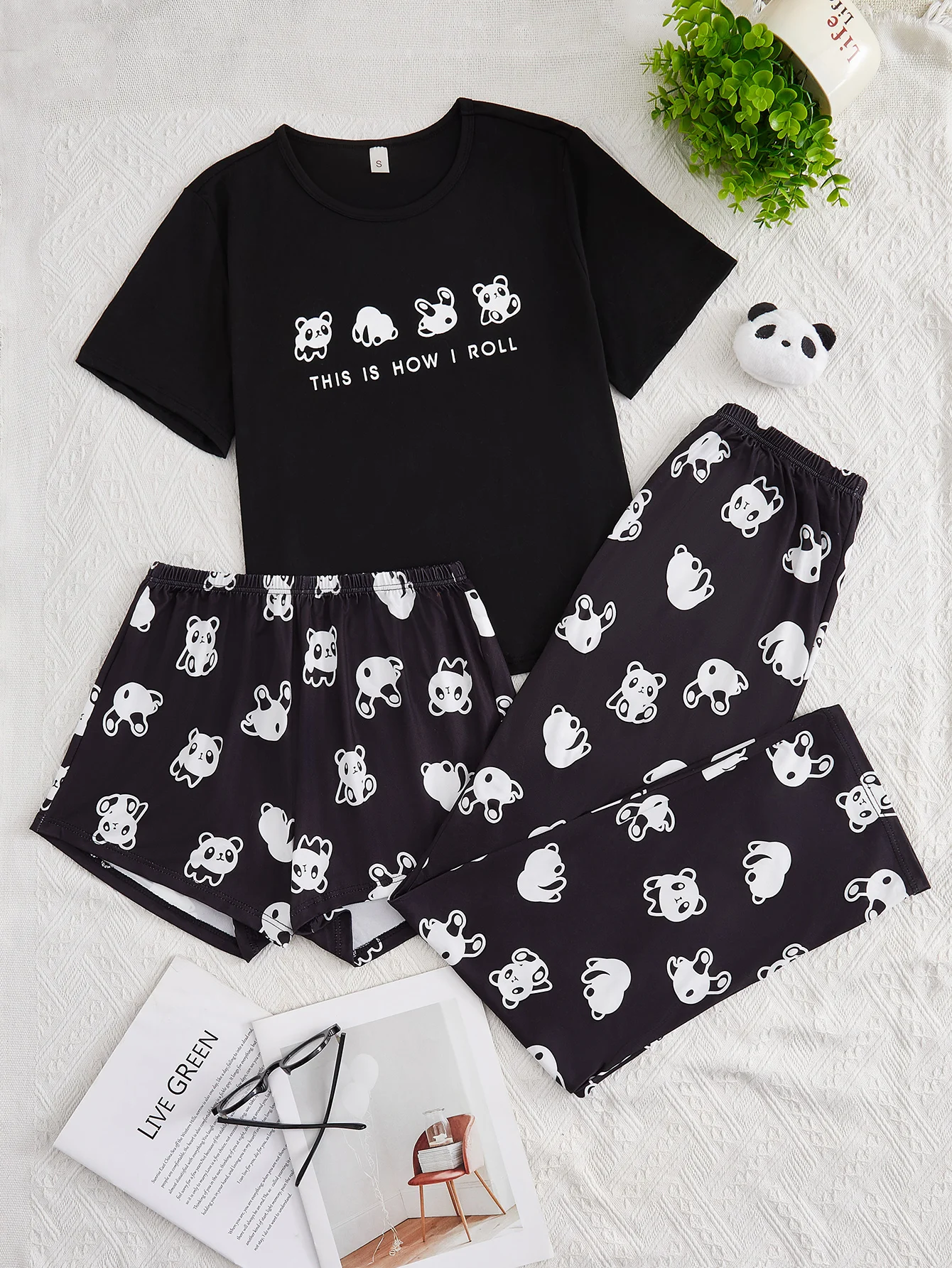 Traje de pantalón corto con estampado de panda para mujer, de tres piezas top de manga corta negro, ropa informal para el hogar de dibujos animados, nuevo estilo