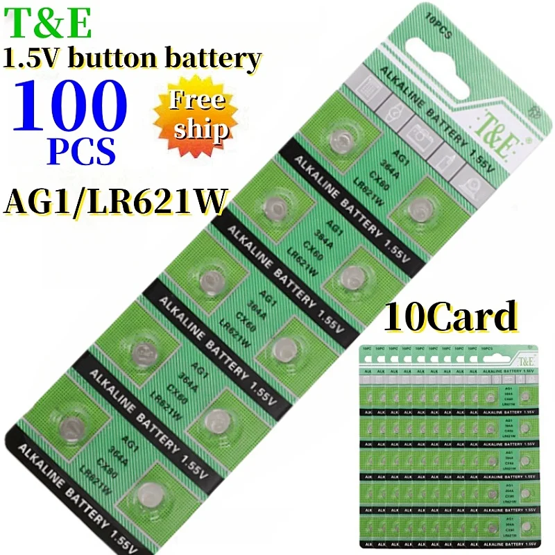 100PCS 1.55V AG1 LR621 364 164 531 SR621 SR621SW SR60 CX60 Button Battery For Watch Toys Remote 13mAh Cell Coin Batteries