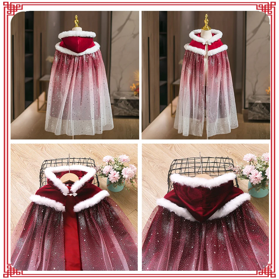 Girls Gradient Red Mesh Cloak Children Chinese New Year Clothes Christmas Clothing Daily Wear Jackets Princess Costume Girl