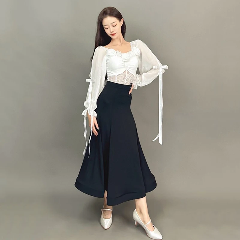 White Black Tops Skirt Adult Standard Competition Dress Ballroom Dance Dress Women Waltz Dance Performance Costume Lace