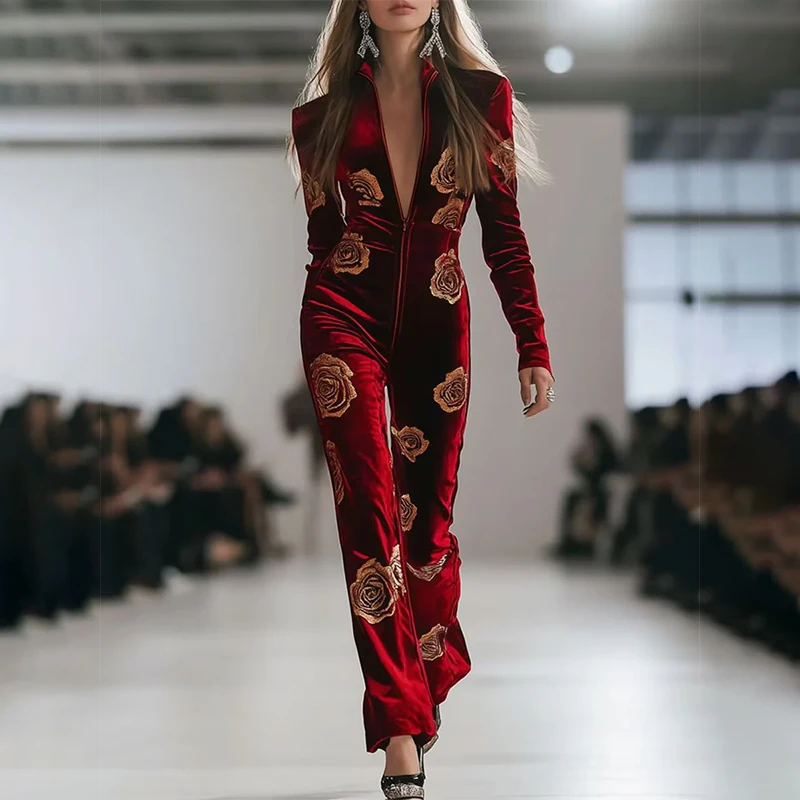

Сексуальные бархатные комбинезоны на молнии для женщин, элегантный комбинезон с длинными рукавами, комбинезон с цветочным декором, одежда 2025, женская одежда