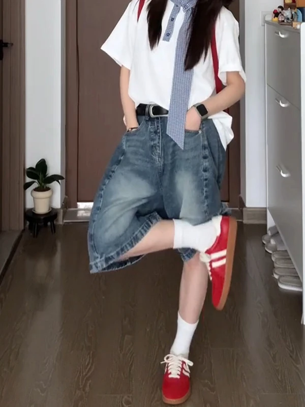 orts de cintura alta com pernas largas de cinco polegadas, calças jeans fenas de verão com corte reto e design solto, c...