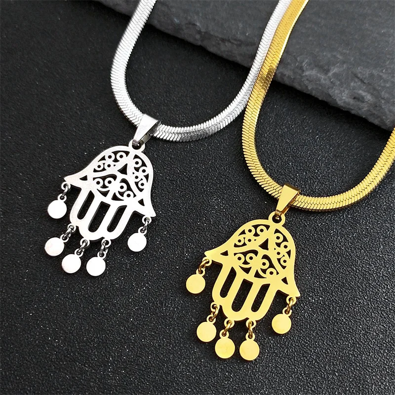 

Fatim's Hand Tassel Tree of Life Pendant Necklace for Women Men Stainless Steel Gold Silver Color Amulet Chain Jewelry collar