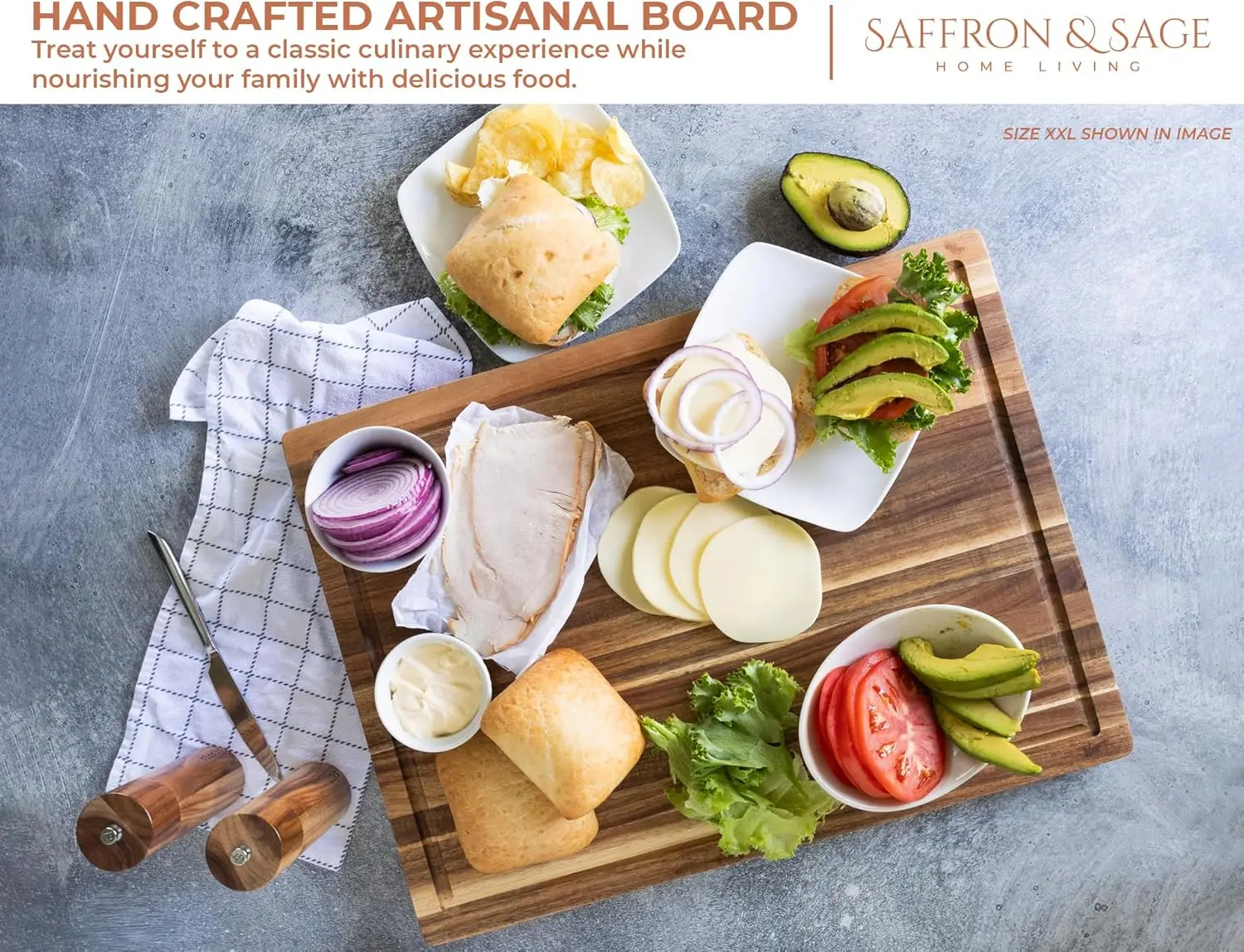 Tábua de corte extra grande de madeira de acácia 23x17x1,5 polegadas com ranhura de suco, reversível para cozinha e servir