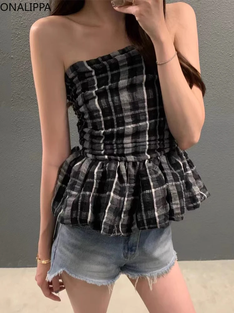 Onalippa Contrast Plaid Tank Top Slash Neck Strapless Back Elastic Ruffles Shirts for Women Korean Pleated Sleeveless Tops