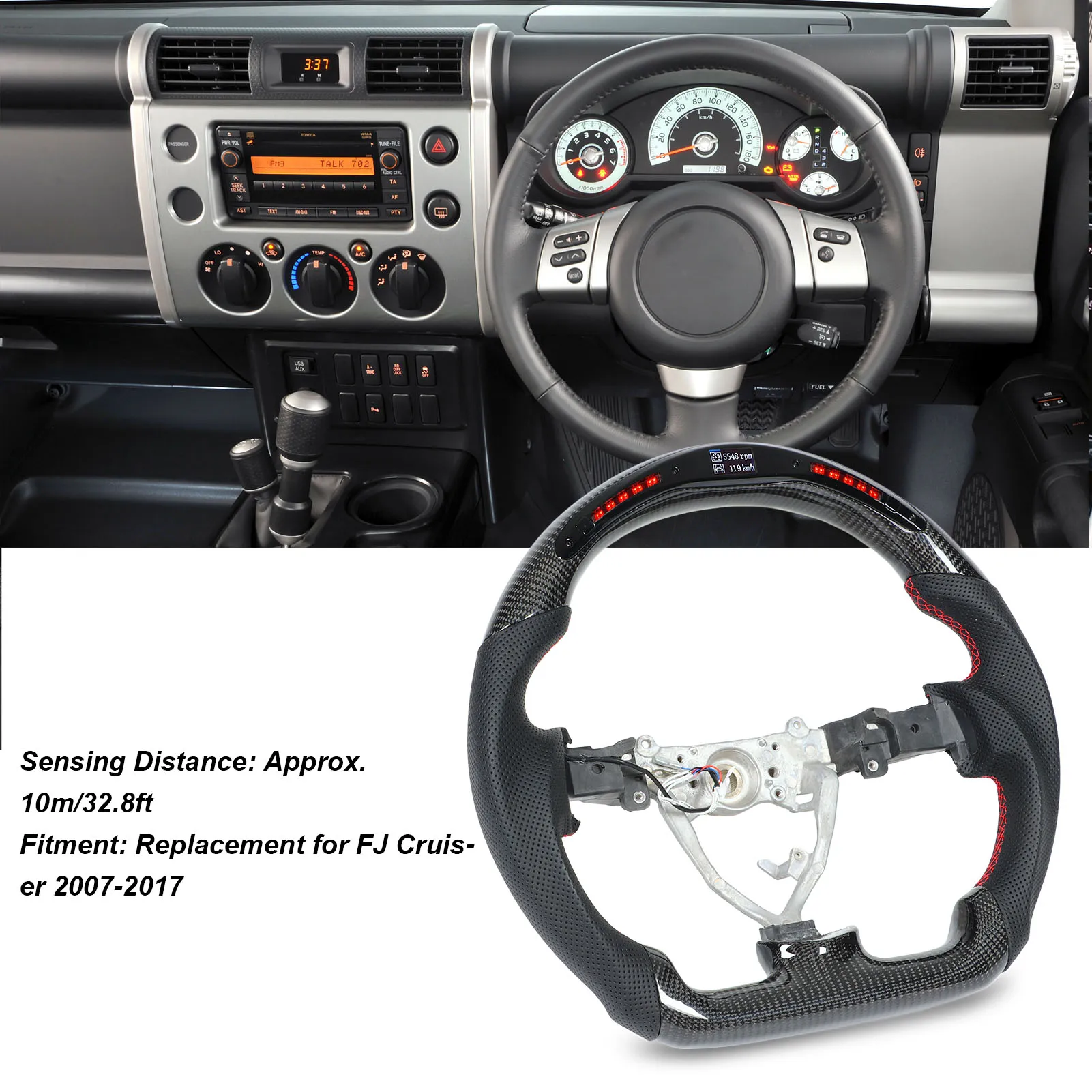 

LED Shift Lights Carbon Steering Wheel Red Stitching Replacement for FJ Cruiser 2007‑2017 Flat Bottom Steering Wheel