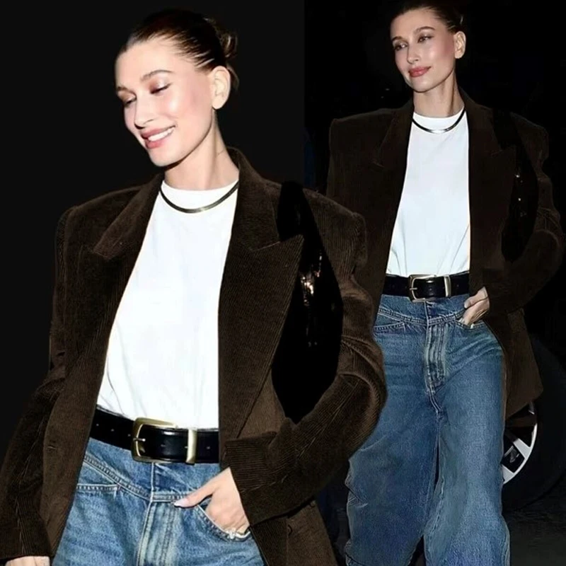 

Модный женский костюм Hailey в стиле ретро из вельвета с подплечниками, диагональными полосками и вышивкой, цвет мокко-коричневый, для осени и зимы, в уличном стиле