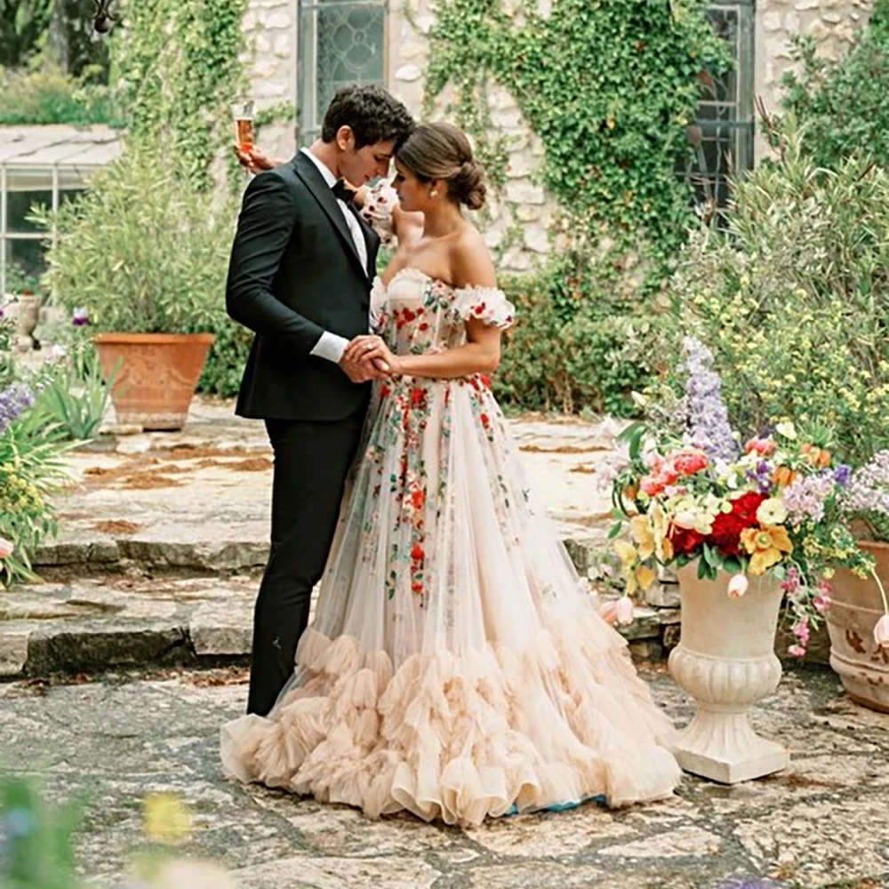 Robe de Mariée Bouffante en Tulle et à Épaules Dénudées, Personnalisée, avec Superposition de Fleur, pour Patients